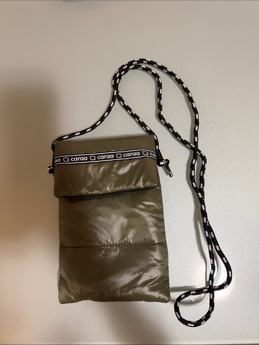 caraa Olive Green Puffer Crossbody Phone Pouch with Black Rope Strap